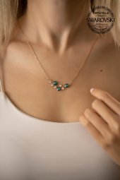 Swarovski Taşlı Yaprak Model Rose Kaplama Gümüş Crystal Kolye - 1