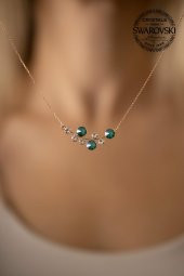 Swarovski Taşlı Yaprak Model Rose Kaplama Gümüş Crystal Kolye - 2