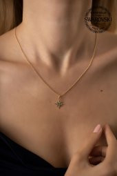 Swarovski Taşlı Kutup Yıldızı Model Altın Kaplama Gümüş Crystal Kolye - 1