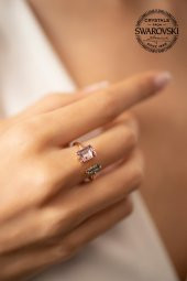 Swarovski Taşlı Baget Model Rose Kaplama Gümüş Crystal Yüzük - 2