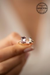 Swarovski Taşlı Baget Model Rose Kaplama Gümüş Crystal Yüzük - 3