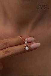 Swarovski Taşlı Damla ve Halka Model Rose Kaplama Gümüş Zirconia Kolye thumbnail 1