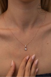 Swarovski Taşlı Damla ve Halka Model Rose Kaplama Gümüş Zirconia Kolye thumbnail 2