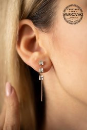 Swarovski Taşlı Üç Taş Model Rose Kaplama Gümüş Crystal Küpe - 1