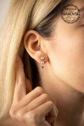 Swarovski Taşlı Üç Taş Model Rose Kaplama Gümüş Crystal Küpe - 2