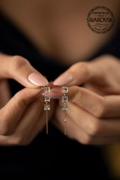 Swarovski Taşlı Üç Taş Model Rose Kaplama Gümüş Crystal Küpe - 3