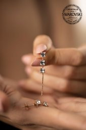 Swarovski Taşlı Üç Taş Model Rose Kaplama Gümüş Crystal Küpe - 4
