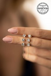 Swarovski Taşlı Üç Taş Model Rose Kaplama Gümüş Crystal Küpe - 5