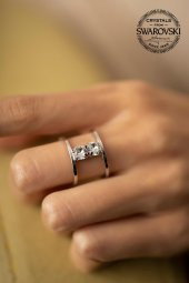 Swarovski Taşlı İki Taş Model Gümüş Crystal Yüzük - 1