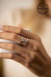 Swarovski Taşlı İki Taş Model Gümüş Crystal Yüzük - 2