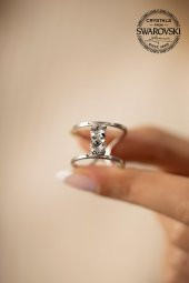 Swarovski Taşlı İki Taş Model Gümüş Crystal Yüzük - 4