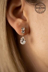 Swarovski Taşlı Damla Model Rose Kaplama Gümüş Zirconia Küpe - 1