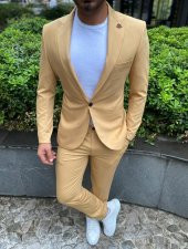 Krem Renk Spor Takım Elbise Sivri Yaka Slim Fit | Agustini - 1