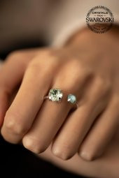 Swarovski Taşlı İki Taş Model Gümüş Crystal Yüzük - 1