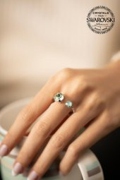 Swarovski Taşlı İki Taş Model Gümüş Crystal Yüzük - 2