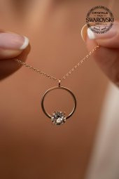 Swarovski Taşlı Halka ve Tektaş Model Rose Kaplama Gümüş Crystal Kolye - 2