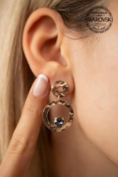 Swarovski Taşlı Çift Halka Model Rose Kaplama Gümüş Crystal Küpe - 1