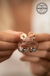 Swarovski Taşlı Çift Halka Model Rose Kaplama Gümüş Crystal Küpe - 3