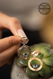 Swarovski Taşlı Çift Halka Model Rose Kaplama Gümüş Crystal Küpe - 4