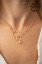 Swarovski Taşlı Çift Halka Model Rose Kaplama Gümüş Crystal Kolye - 1