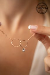 Swarovski Taşlı Çift Halka Model Rose Kaplama Gümüş Crystal Kolye - 2