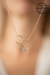 Swarovski Taşlı Çift Halka Model Rose Kaplama Gümüş Crystal Kolye - 4