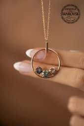 Swarovski Taşlı Halka ve Üçtaş Model Rose Kaplama Gümüş Crystal Kolye - 3