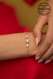 Swarovski Taşlı Üç Taş Model Rose Kaplama Gümüş Zirconia Bileklik - 2