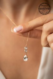 Swarovski Taşlı Damla ve Çift Taş Model Rose Kaplama Gümüş Crystal Kolye - 2