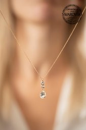 Swarovski Taşlı Damla ve Çift Taş Model Rose Kaplama Gümüş Crystal Kolye - 4