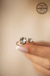 Swarovski Taşlı Çift Taş Model Rose Kaplama Gümüş Crystal Yüzük - 4