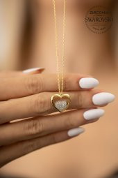 Swarovski Taşlı Kalp Model Altın Kaplama Gümüş Zirconia Kolye thumbnail 2
