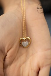 Swarovski Taşlı Kalp Model Altın Kaplama Gümüş Zirconia Kolye thumbnail 3