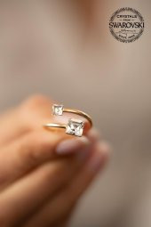 Swarovski Taşlı Kare Taş Model Rose Kaplama Gümüş Crystal Yüzük - 3