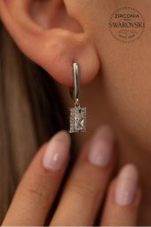 Swarovski Taşlı Dikdörtgen Baget Model Gümüş Zirconia Küpe - 1