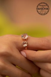 Swarovski Taşlı Çift taş Model Rose Kaplama Gümüş Crystal Yüzük - 1