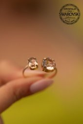 Swarovski Taşlı Çift taş Model Rose Kaplama Gümüş Crystal Yüzük - 3