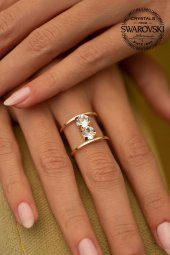 Swarovski Taşlı İki Taş Model Rose Kaplama Gümüş Crystal Yüzük - 1