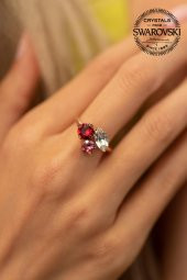 Swarovski Taşlı Yaprak Model Rose Kaplama Gümüş Crystal Yüzük thumbnail 1