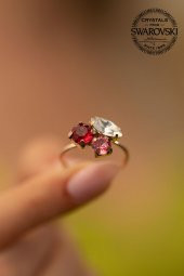 Swarovski Taşlı Yaprak Model Rose Kaplama Gümüş Crystal Yüzük thumbnail 3