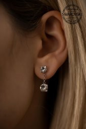 Swarovski Taşlı İki Taş Model Gümüş Crystal Küpe - 1