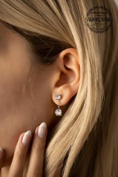 Swarovski Taşlı İki Taş Model Gümüş Crystal Küpe - 2