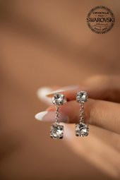 Swarovski Taşlı İki Taş Model Gümüş Crystal Küpe - 3