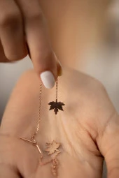 Çınar Yaprağı Sallantılı Rose 925 Ayar Gümüş Kaplama İtalyan Küpe - 4