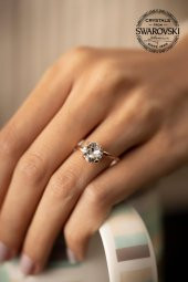 Swarovski Taşlı Tektaş Model Rose Kaplama Gümüş Crystal Yüzük - 2