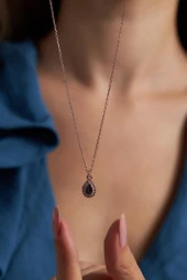 Damla Model Mistik Topaz Taşlı Rose 925 Ayar Gümüş Kaplama İtalyan Kolye - 1