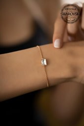 Swarovski Taşlı Baget Model Rose Kaplama Gümüş Crystal Bileklik - 1