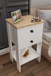 Ünüvar Konsept Retro Çift Çekmeceli Komodin Beyaz - Meşe (Nokta Kulp) thumbnail 3