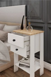 Ünüvar Konsept Retro Çift Çekmeceli Komodin Beyaz - Meşe (Nokta Kulp) thumbnail 2