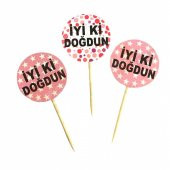 Pembe Renk İyiki Doğdun Yazılı Yıldız Yuvarlak Desenli Kürdan Süs 20 Adet - 1